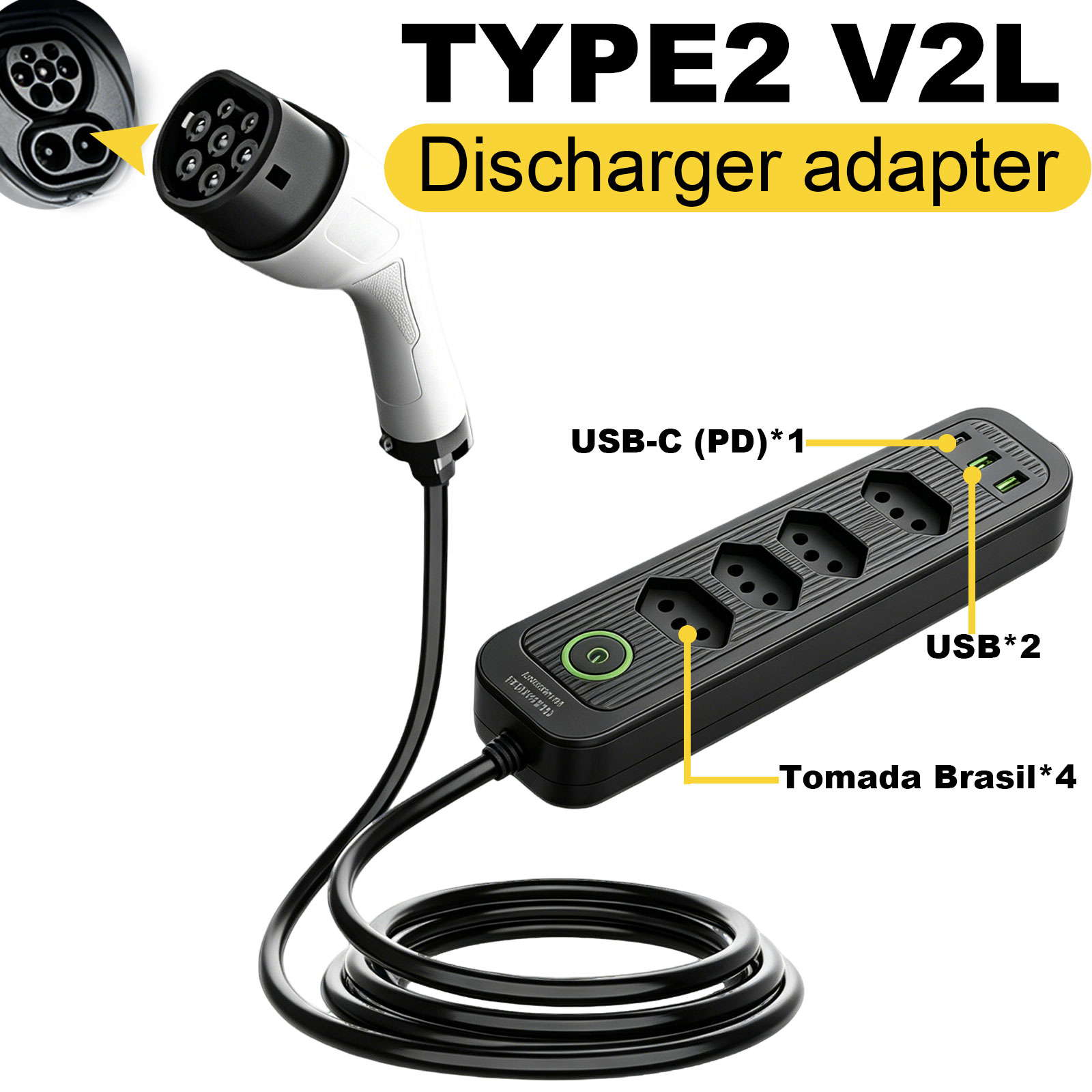 Outdoor Power Outlet Extension - Type2 V2L Discharge Adapter 16A Brazil